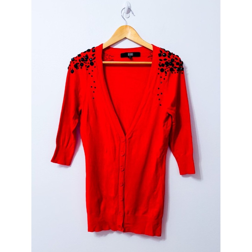 BEDO Red Cardigan Black Gem Embellished Shoulders V-Neck Button Front Medium